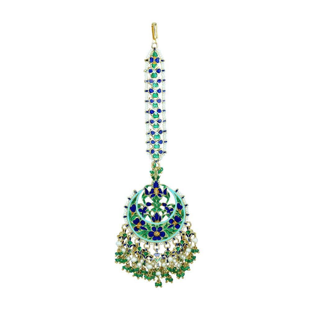 Red and Green Gemstone Mangtikka with Pearl Strands and Drops